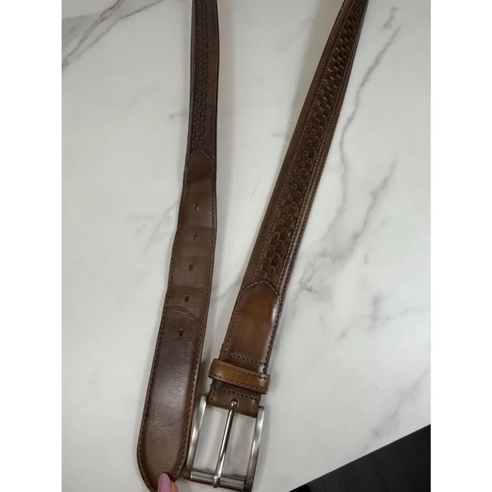 Paul Fredrick Brown Woven Leather Belt Made in Italy Silver Buckle Size 46